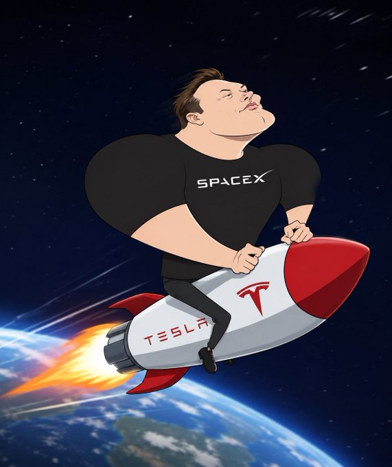 A cartoon illustration of an exaggerated Elon Musk wearing a 'SPACEX' shirt, riding a 'TESLA' rocket through space above Earth.