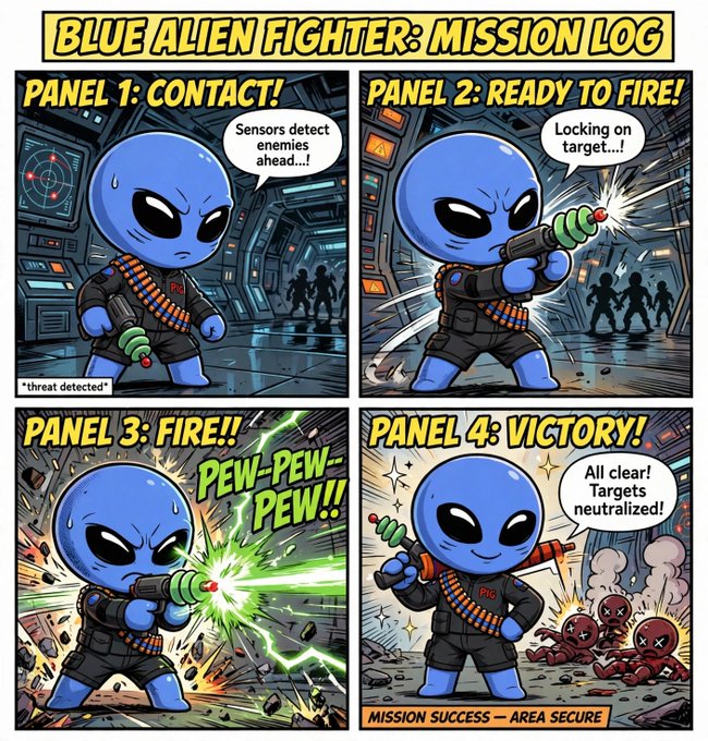 A comic strip titled 'BLUE ALIEN FIGHTER: MISSION LOG' showing a blue alien in 4 panels: detecting threats, locking on, firing a green laser, and celebrating victory.