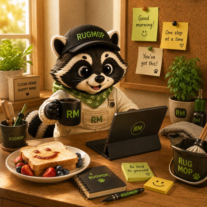 The image features a cartoon raccoon sitting at a desk with various items, including a laptop computer, a plate of food, a cup, and some books. The raccoon appears to be smiling while holding a coffee mug. The background includes a window that allows natural light into the room, as well as several potted plants placed around the space. A note on the wall reads "GoodVibes #solana #pumpfun".