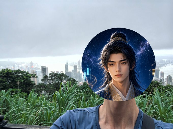 A person takes a photo with the Hong Kong skyline in the background, their face obscured by an anime-style avatar of a handsome young man with dark hair set against a starry night sky, fitting the post's theme of meeting friends at the Bitcoin Asia conference in Hong Kong.