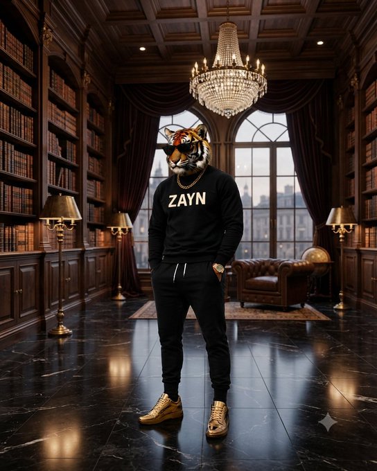 A figure wearing a tiger mask, black "ZAYN" sweatshirt, black pants, and gold sneakers stands in an opulent library with bookshelves, a chandelier, and leather furniture.