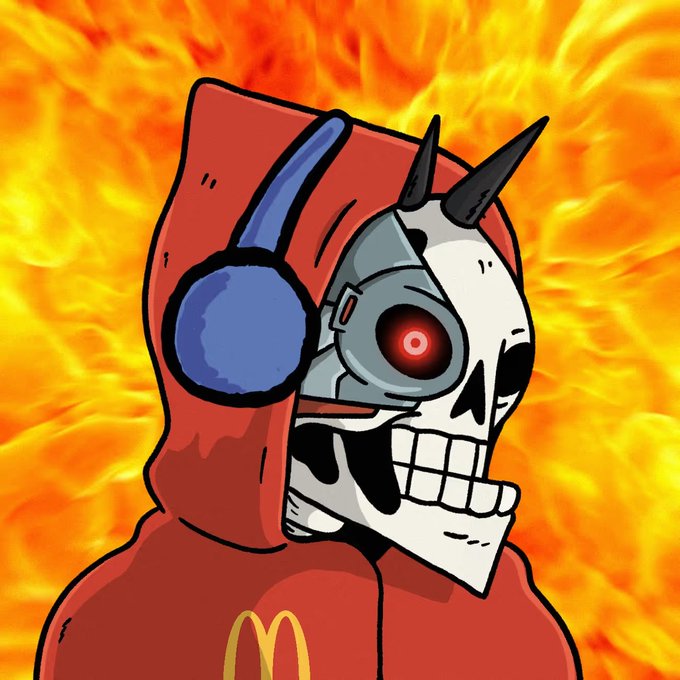A cartoon-style illustration of a robotic skull character with a red glowing eye, wearing a red hood with blue headphones and a suit featuring the McDonald's logo, set against a fiery orange background.