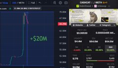 A screenshot showing the CASHCAT token on DexScreener with a market cap peaking at $120M, accompanied by a news snippet about Coinbase and Robinhood listings, illustrating the post's claim about identifying an insider wallet and profiting $20M from front-running the token's surge to $120M market cap.