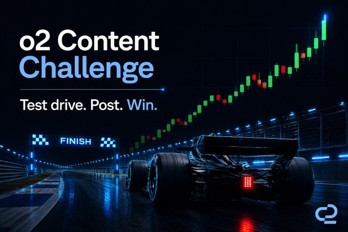 A promotional graphic for the "o2 Content Challenge" with the tagline "Test drive. Post. Win." features a sleek race car on a track alongside an ascending green candlestick chart, visually reinforcing the post's theme of fast, smooth, and low-cost trading on the o2 platform.