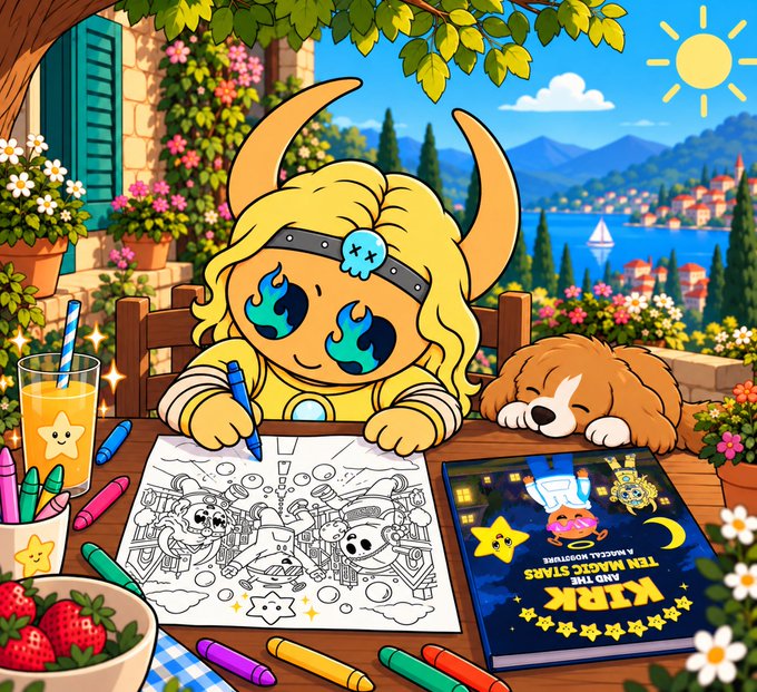 A colorful cartoon illustration of a horned character with flame pupils coloring at an outdoor table, accompanied by a sleeping puppy and a book titled 'KIRK AND THE TEN MAGIC STARS'.