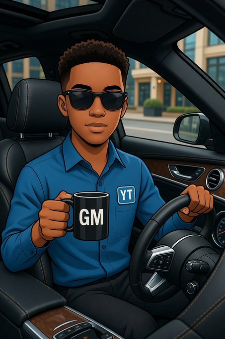 A digital illustration of a young man wearing sunglasses and a blue shirt with 'YT' logo, sitting in the driver's seat of a luxury car and holding a black mug labeled 'GM'.