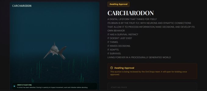 A webpage screenshot for 'CARCHARODON', describing it as a digital lifeform that lives forever in a procedurally generated world, with its auction status showing 'Awaiting Approval'.