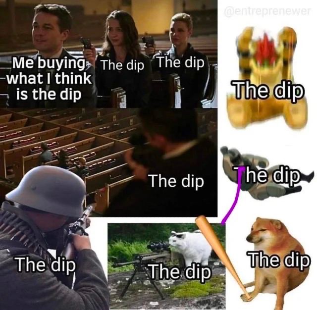 A meme uses a battle scene to humorously depict stock market "dip" buying, with "Me buying what I think is the dip" labeled on a gunman, while multiple other figures (including a Shiba Inu dog and an explosion) are labeled "The dip" — implying the actual dip is far more powerful than the buyer anticipates. The image is watermarked "@entreprenewer."