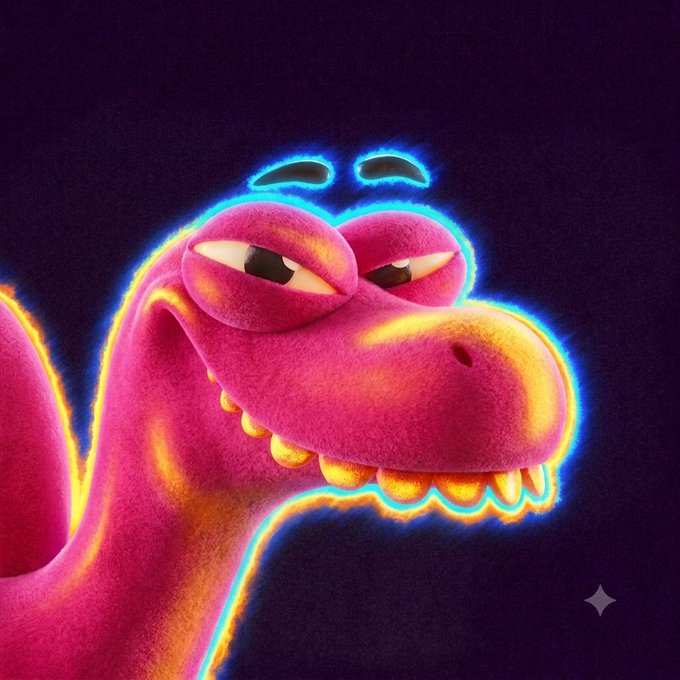 A neon-lit stylized 3D render of a pink dinosaur character with glowing blue and yellow outlines, half-closed eyes, and a sly smile against a dark background.
