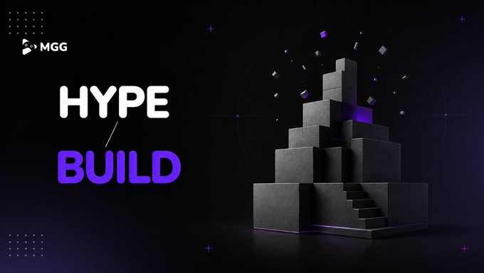 MGG presents "Hype/Build" — a striking visual featuring a dark stepped pyramid with purple confetti against a black background, symbolizing how hype fades while building endures in the Web3 space, aligning with the post's message about prioritizing real products and user participation over market noise.
