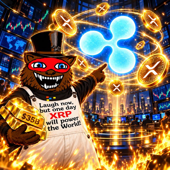 An illustrated bear mascot wearing a top hat and an apron reading "Laugh now, but one day XRP will power the World!" holds gold bars labeled "$35B" while pointing at a glowing XRP logo surrounded by floating XRP coins, visually representing the $35 billion Brevan Howard fund's integration with Ripple Prime as referenced in the post.