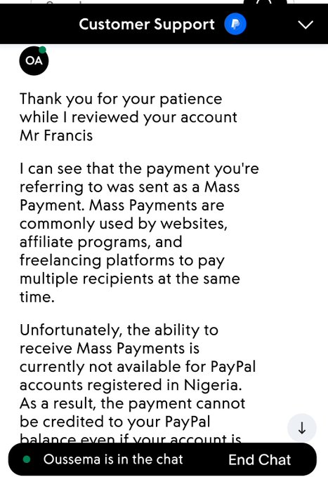 A PayPal customer support chat screenshot addressed to Mr Francis explaining that a Mass Payment cannot be credited because receiving Mass Payments is not available for PayPal accounts registered in Nigeria.