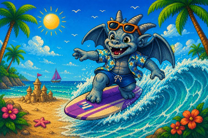 A cartoon illustration of a small blue dragon wearing sunglasses and a Hawaiian shirt, surfing on a purple and yellow board in tropical waters with palm trees and a sandcastle in the background.