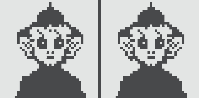 A pixel art image showing two identical grayscale characters with pointed hats side by side, widely known as the 'Wojak' meme.