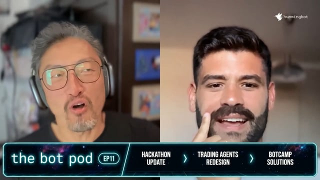 The image shows a podcast episode titled "the bot pod EP11" featuring two men in a split-screen video call, with topics listed as "HACKATHON UPDATE," "TRADING AGENTS REDESIGN," and "BOTCAMPSOLUTIONS." The "hummingbot" logo appears in the top right corner, and the discussion likely ties to the post about a Solana-based portfolio maintaining 30% gains, connecting trading bot development with crypto portfolio performance.
