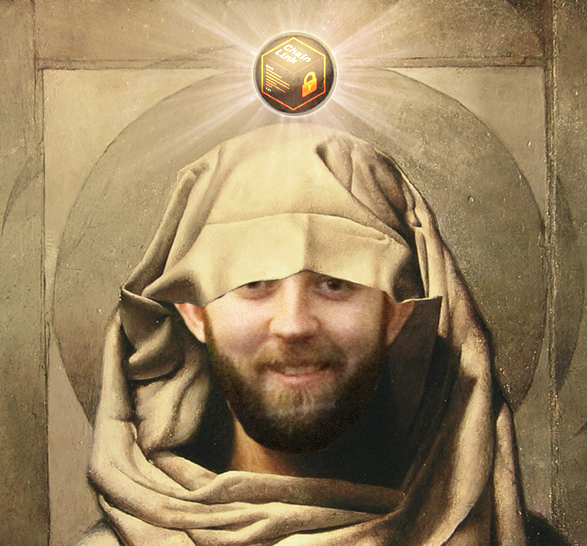 A bearded man's face has been humorously superimposed onto a saintly religious painting, wearing a draped hood and surrounded by a glowing halo. Above his head floats a "ChainLink" cryptocurrency badge with a padlock icon, seemingly referencing a Link Marines (SN) post with the caption "SN=SN."
