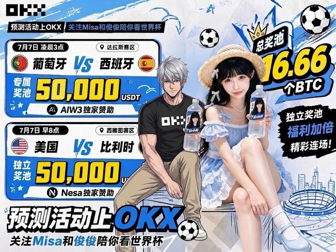 OKX World Cup prediction event promo featuring anime-styled characters, advertising a 16.66 BTC total prize pool plus 50,000 USDT exclusive prizes for the July 7 matches: Portugal vs Spain (03:00, AIW3 sponsored) and USA vs Belgium (08:00, Nesa sponsored).