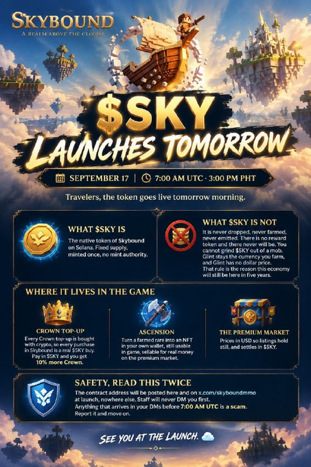 An announcement for the '$SKY LAUNCHES TOMORROW' on September 17 at 7:00 AM UTC, detailing that $SKY is the native token of Skybound on Solana with utility in Crown Top-Up, Ascension, and the Premium Market.
