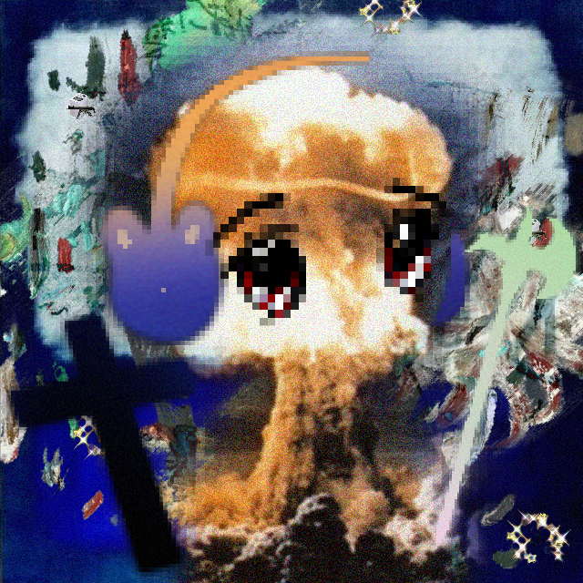A distorted, pixelated artwork depicting a mushroom cloud explosion, styled with anime-like eyes and a blue cat-eared character overlay, with a black cross in the lower-left corner.
