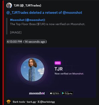 This image shows a Moonshot verification post for "The Top Floor Boss ($TJR)", which the accompanying post claims is a scam by @_TJRTrades. The verification itself, highlighting "TJR" as "New" and "Now verified on Moonshot", is presented as evidence of the alleged scam.
