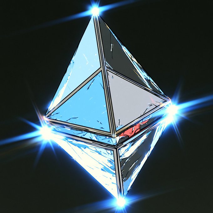 A 3D rendering of a faceted, octahedral cryptocurrency logo (Ethereum) glowing with bright light flares at its edges against a dark background.