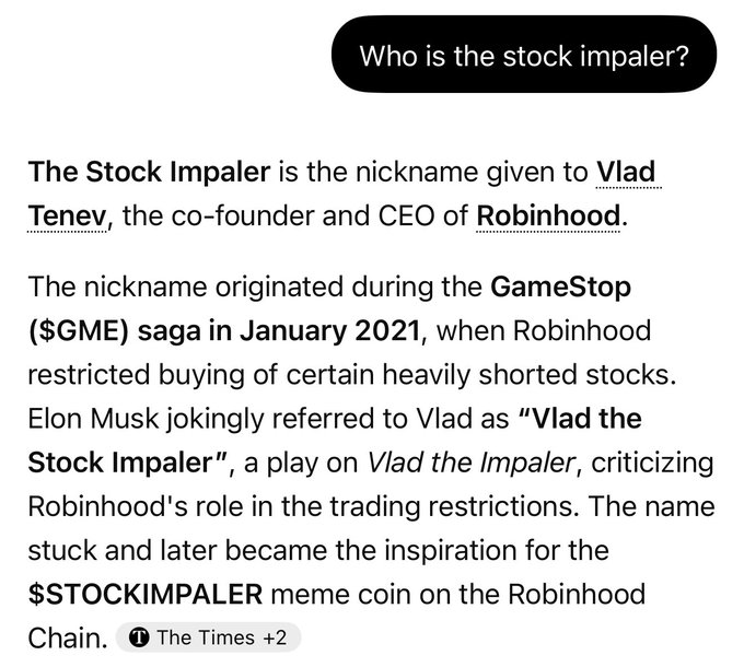 A screenshot explaining that the 'Stock Impaler' is the nickname given to Vlad Tenev, the co-founder and CEO of Robinhood, coined by Elon Musk during the GameStop ($GME) saga in January 2021, which later inspired the $STOCKIMPALER meme coin.