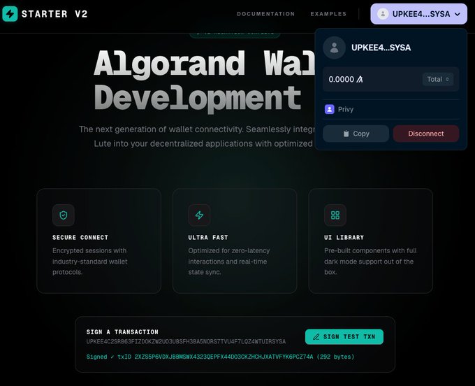 A screenshot of a dark-themed website titled 'Algorand Wallet Development' with 'STARTER V2' branding, showing a connected wallet address 'UPKEE4...SYSA' and features like 'SECURE CONNECT', 'ULTRA FAST', and 'UI LIBRARY'.