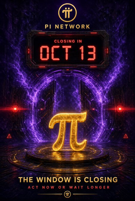 A promotional graphic for Pi Network featuring a glowing gold Pi symbol in a sci-fi portal, with a countdown showing "CLOSING IN OCT 13" and the text "THE WINDOW IS CLOSING - ACT NOW OR WAIT LONGER".