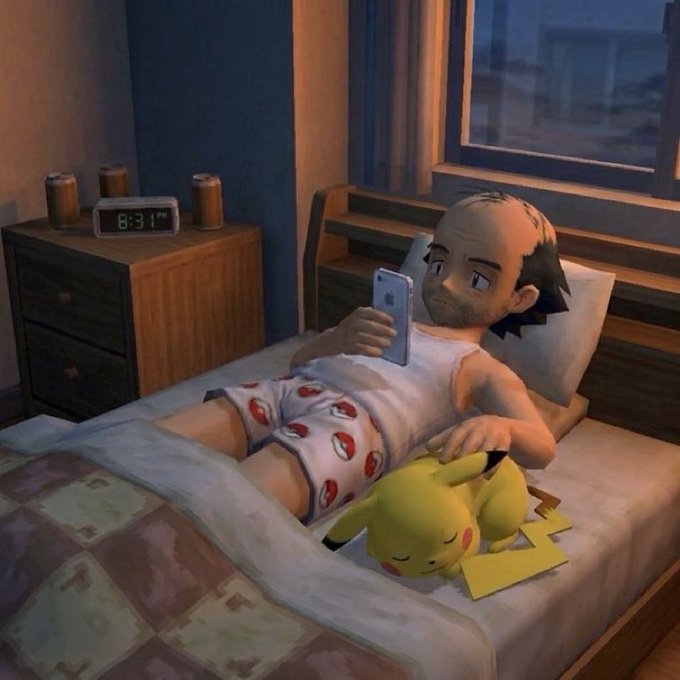 A 3D animated scene of a balding man in a white tank top and patterned shorts lying on a bed, looking at a smartphone while a sleeping Pikachu plush rests beside him next to a nightstand clock reading '8:31'.