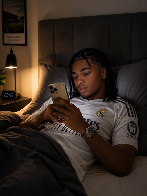A young man with braided hair wearing a white Real Madrid jersey lies in bed looking at his phone in a dimly lit room with a Real Madrid framed picture on the wall.