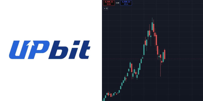The blue 'UPbit' logo appears on the left, with a dark candlestick stock chart on the right showing a dramatic price spike and drop.