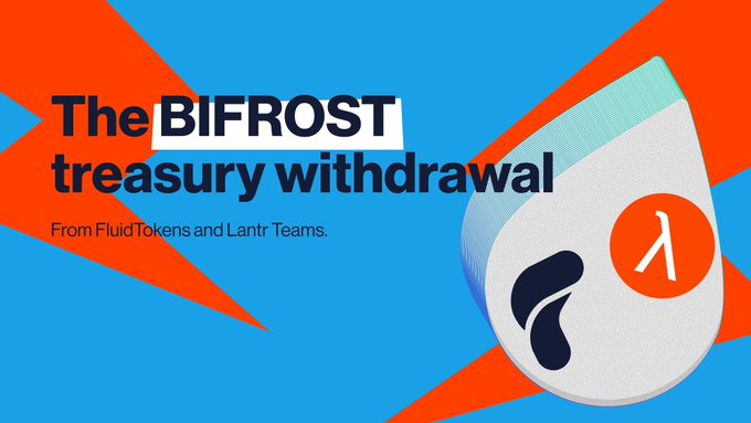 The image features a blue background with an orange lightning bolt and a white water droplet. The text "The Bifrost" is written above the water droplet, while the word "The" is below it. Below this, there are two lines of text that read "From fluid tokens and lava parties".