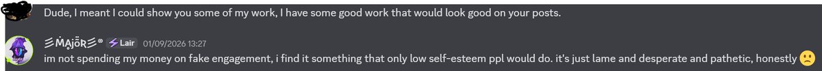 A screenshot of a conversation where user "Lair" responds to a spam message saying "im not spending my money on fake engagement, i find it something that only low self-esteem ppl would do. it's just lame and desperate and pathetic" followed by a yawning emoji.