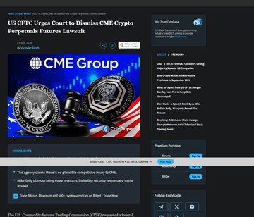 A news webpage article headline reads 'US CFTC Urges Court to Dismiss CME Crypto Perpetuals Futures Lawsuit', featuring a CME Group logo and a gavel image.