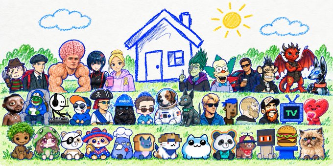 A colorful hand-drawn illustration features a large group of NFT characters and avatars gathered on grass in front of a simple blue house, with a sun and clouds in the sky above.