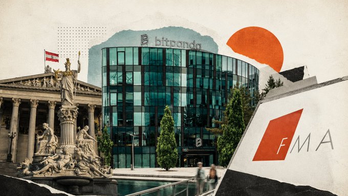 A collage-style image features a Bitpanda office building flanked by Vienna's Austrian Parliament Building with its Athena statue on the left and a red "FMA" logo on the right, visually highlighting the regulatory news that Austria's Financial Market Authority (FMA) has fined the crypto platform Bitpanda €70,000 in Europe's first published MiCA enforcement action.