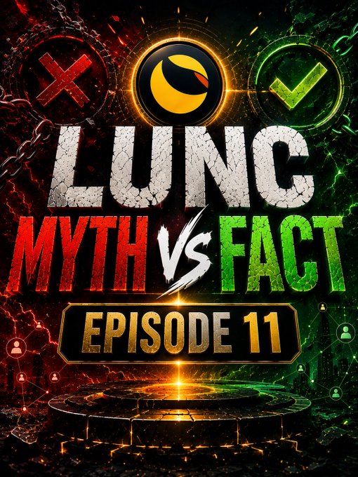 A dramatic thumbnail for 'LUNC MYTH vs FACT EPISODE 11' featuring a burning logo with red X and green checkmark symbols.