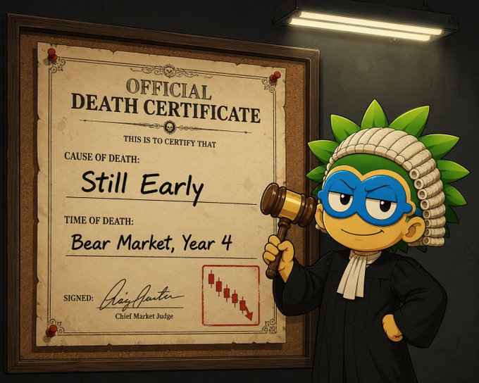 The image features a cartoon character dressed as a judge, holding a gavel and standing next to a certificate that says "Official Death Certificate" with the words "Still Early" written below it. The character appears to be wearing a robe and a mask, giving them an air of authority. In the background, there is a sign that reads "Focus on what is in the image and how it relates to the post."