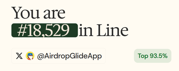 The image shows a waitlist ranking from AirdropGlideApp, indicating the user is "#18,529 in Line" with a "Top 93.5%" status, tied to the Arcus (formerly dYdX) waitlist at waitlist.arcus.xyz/s/GLIDE referenced in the post. It reflects the user's high position among signups for the Arcus airdrop following the team's departure from dYdX to rebuild on Robinhood Chain.