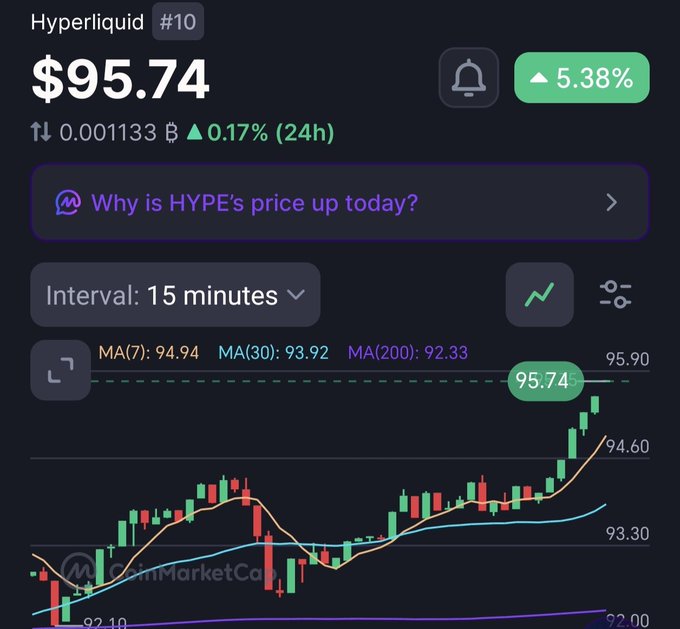 A cryptocurrency price chart showing Hyperliquid (HYPE) at $95.74, up 5.38% with a 15-minute candlestick interval.