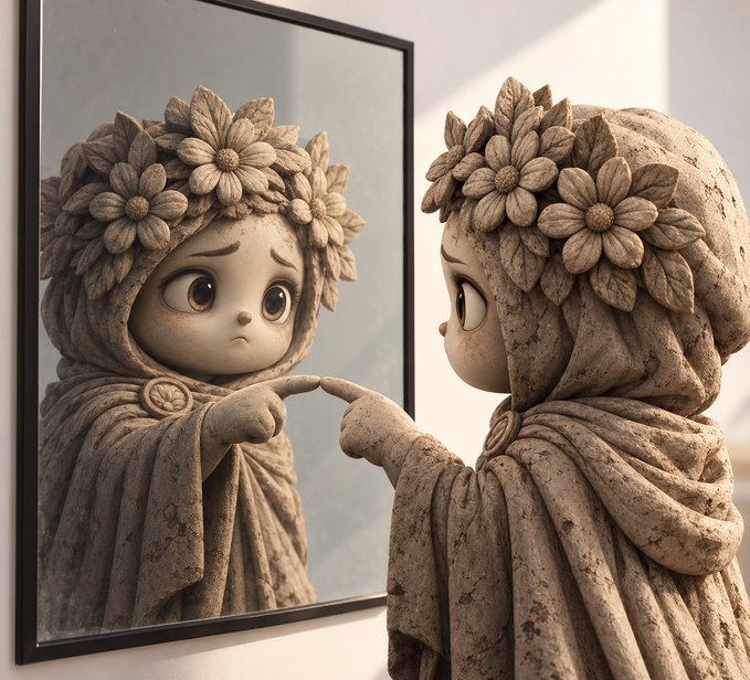 A clay-like child figure wearing a flower-covered hood points at its reflection in a mirror, creating a whimsical scene of self-reflection.