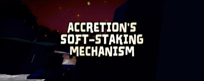 Text reading 'ACCRETION'S SOFT-STAKING MECHANISM' displayed in a pixelated yellow font against a dark, low-poly 3D landscape with a red sky.