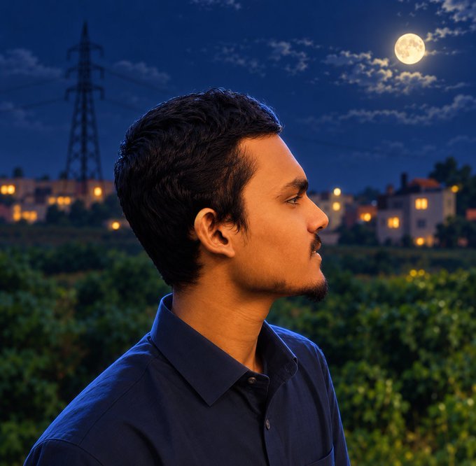 A profile portrait of a young man with a goatee wearing a dark blue shirt, set against a nighttime background featuring a full moon, a power line tower, and distant illuminated buildings.
