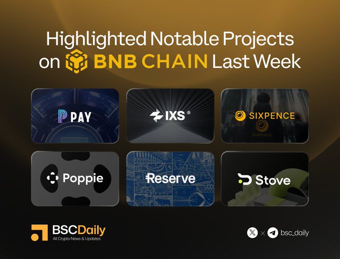 A promotional graphic titled "Highlighted Notable Projects on BNB Chain Last Week" by BSCDaily showcases six featured projects: PAY, IXS, Sixpence, Poppie, Reserve, and Stove, arranged in a grid against a dark background with the BNB Chain logo prominently displayed.