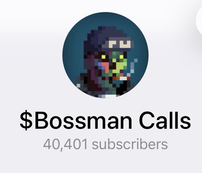 A circular profile picture displays a pixel art illustration of a hooded green-skinned character with glowing yellow eyes, a cigar, and goggles, set against a dark teal background. Below the avatar is the channel name "$Bossman Calls" with "40,401 subscribers" indicated, which directly corresponds to the post celebrating the channel's growth from 300 to 40,000 members over three years.