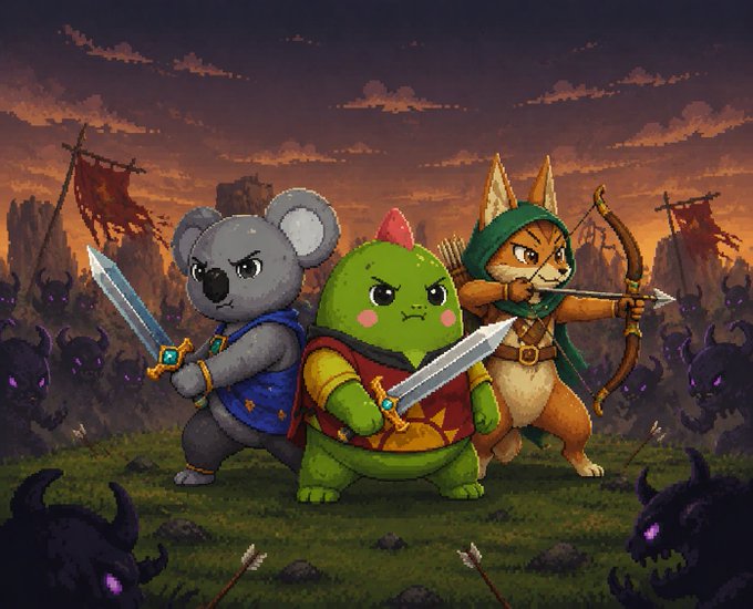 An illustration of three cute warrior characters—a koala, a green creature with a red crest, and a fox archer—wielding swords and bows while facing off against shadowy purple monsters on a battlefield at sunset.