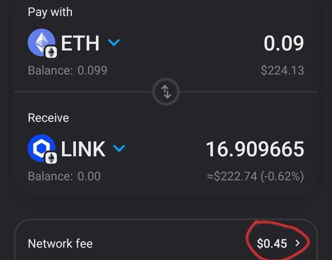 A Robinhood Chain swap interface shows **0.09 ETH** being paid to receive **16.909665 LINK**, with a circled **network fee of $0.45**. This is the Ethereum comparison referenced in the post, which says Robinhood Chain’s fee was even higher at **$0.61**.