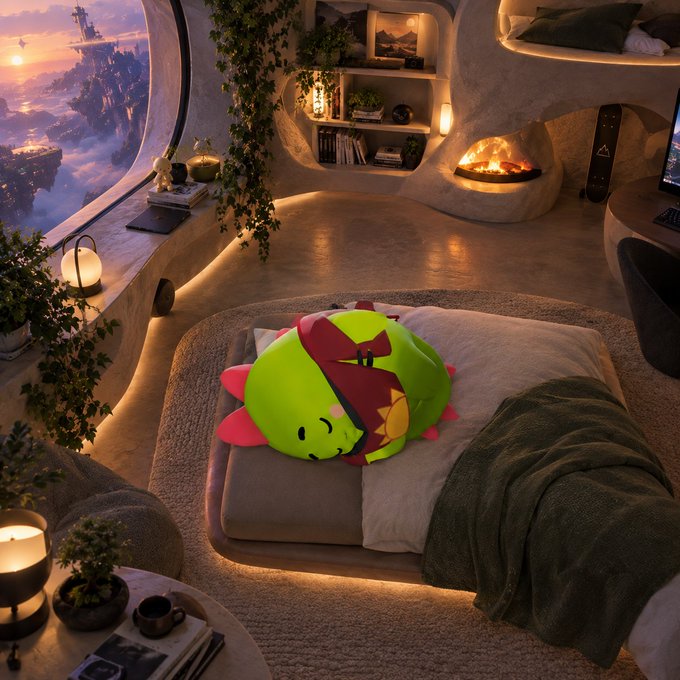 A cozy, fantasy-style cave bedroom features a large green axolotl plush on a bed, a fireplace, ambient lighting, and a scenic view of floating islands through an open window.