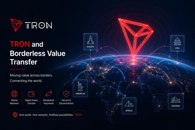 Promotional graphic for TRON cryptocurrency featuring the red TRON diamond logo over a globe with regional icons (Europe, Asia, Americas, Africa, Oceana), with tagline 'TRON and Borderless Value Transfer' and 'One world. One network. Endless possibilities.'