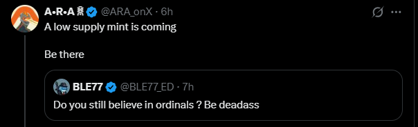 A Twitter account with a brown background displays two messages, one from @ARRA and the other from @BL77, discussing the upcoming release of a new supply mint.